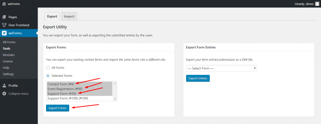 Export the selected forms from weForms