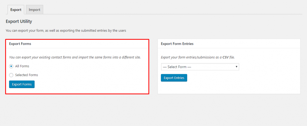 The interface that allows you to export forms and form entries 