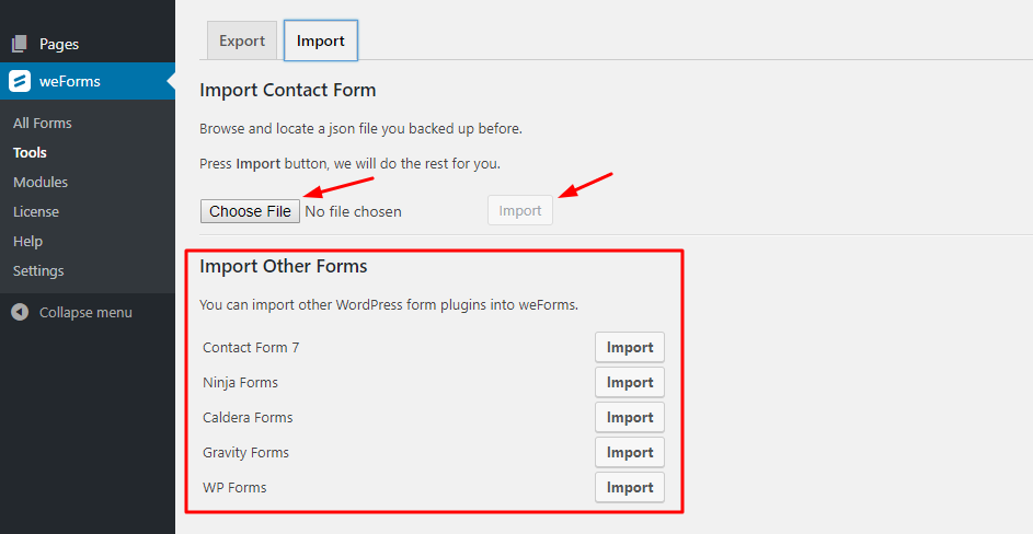 Options to import forms from other form providers