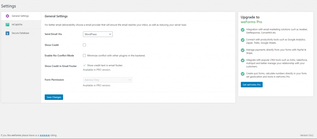 General settings for weForms