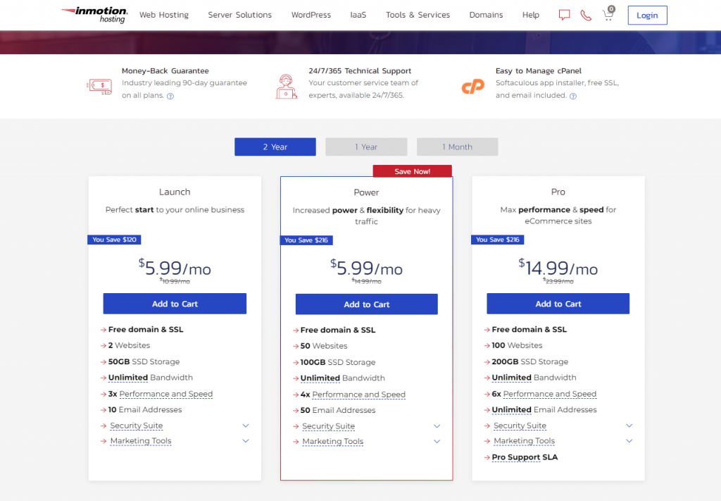 InMotion Hosting's Shared Hosting options that are available for purchase