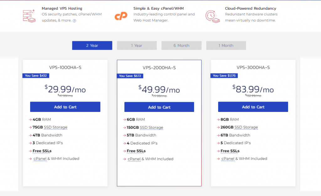 InMotion Hosting's various VPS plans you can select