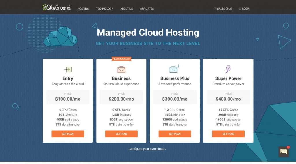 SiteGround's cloud hosting plans