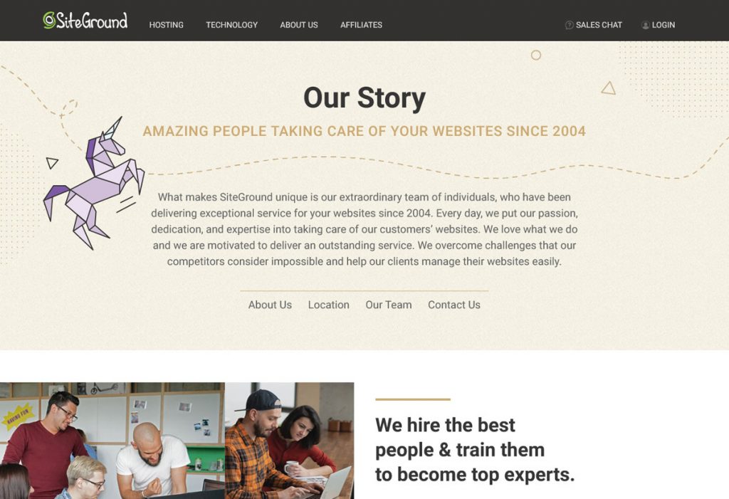 SiteGround web hosting story, showing off their about us page design