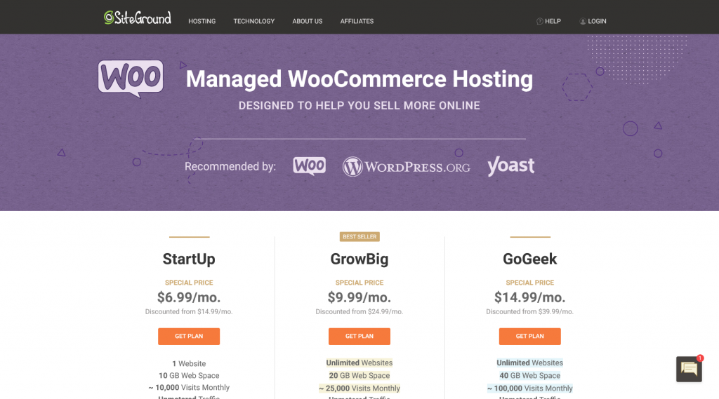 overview of SiteGrounds WooCommerce hosting plans