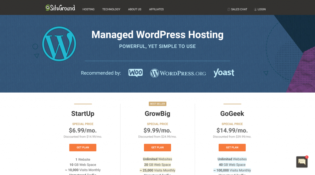 SiteGround's managed WordPress Hosting plans overview