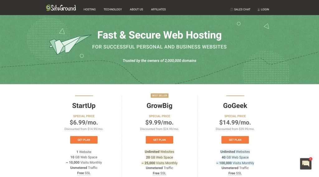 SiteGrounds shared hosting plans overview