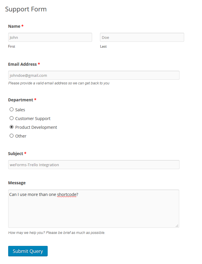 front end form view of weForms connected to Trello