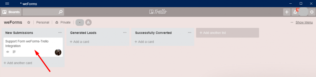 The new card generated from weForms on a Trello board