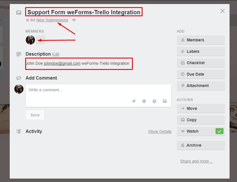 The details of the Trello card generated by weForms