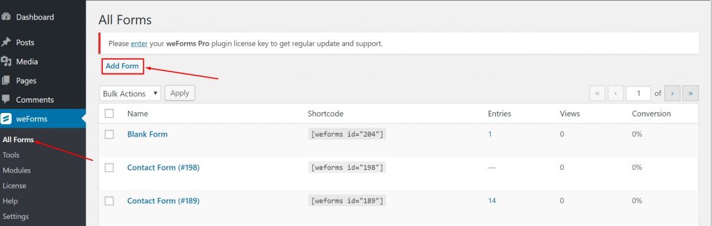 Add a new custom form using weForms