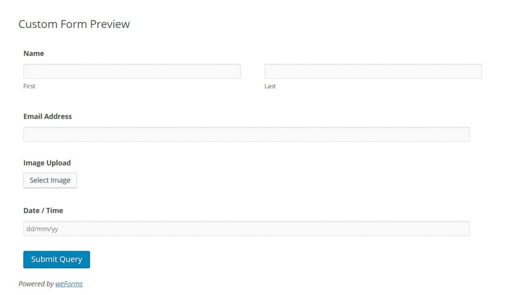 What the custom form built with weForms looks like on the front end of the website.